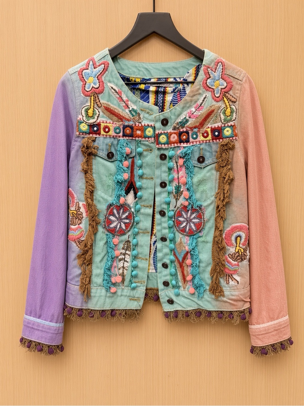 Boho Embroidered Multi-Color Jean Jacket - Women MEDIUM